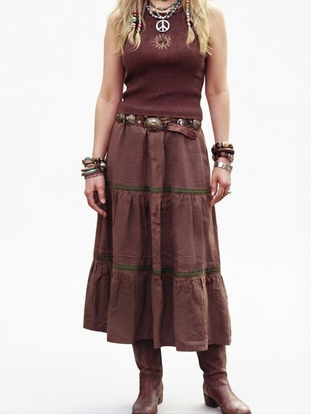 Modern / Y2K Era (RN 54023) Unbranded Tiered Maxi Skirt Brown Small Medium